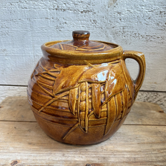 Vintage McCoy Glazed Bean Pot w/Leaf Design - Brown