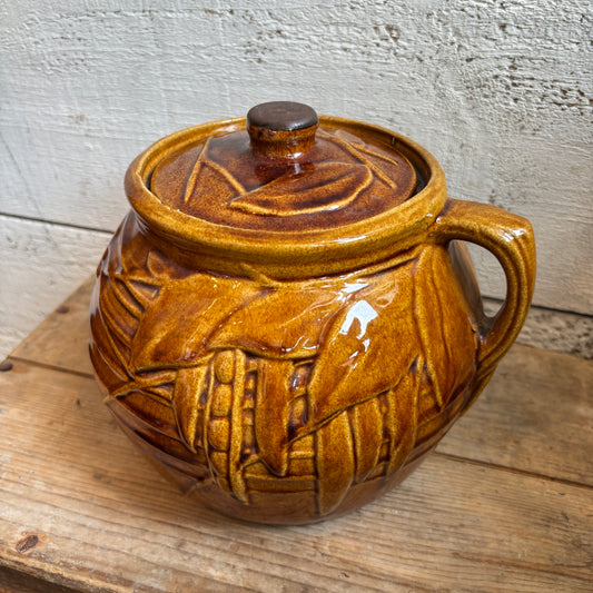 Vintage McCoy Glazed Bean Pot w/Leaf Design - Brown