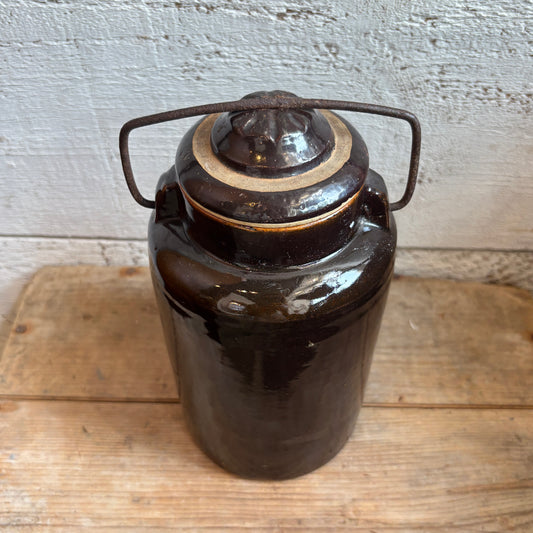 Vintage Stoneware Canning Crock w/ Lid - Dark Brown