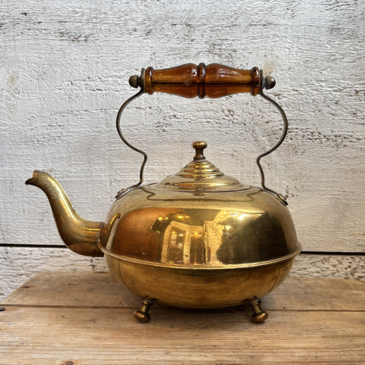 Vintage Brass Footed Tea Pot w/ Amber Glass Handle