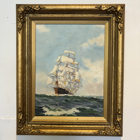 Vintage E. Harris Oil Painting - Clipper Ship in Full Sail