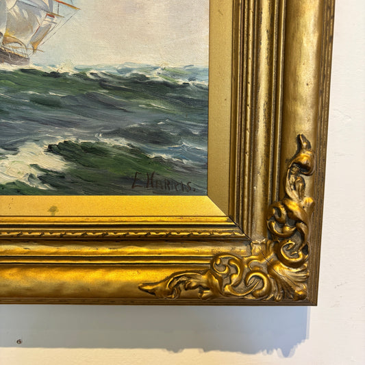 Vintage E. Harris Oil Painting - Clipper Ship in Full Sail