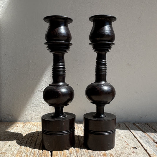Vintage Dark Wood Spindle Candle Holders - Set of 2