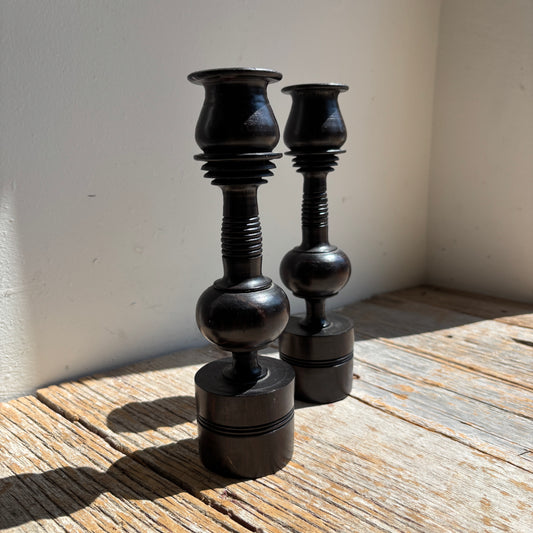 Vintage Dark Wood Spindle Candle Holders - Set of 2