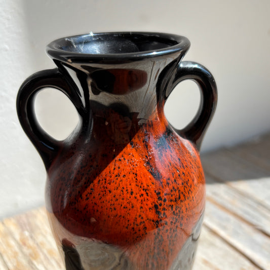 Vintage Ceramic Vase w/Handles - Black & Rust