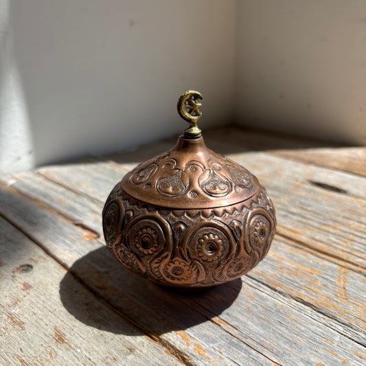 Vintage Copper Sugar Bowl w/Brass Crescent Moon & Star