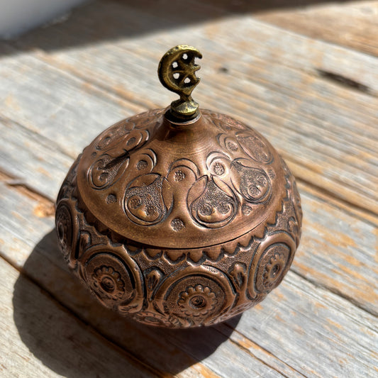 Vintage Copper Sugar Bowl w/Brass Crescent Moon & Star