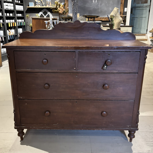 Antique Dark Wood 4 Drawer Dresser w/Decorative Back