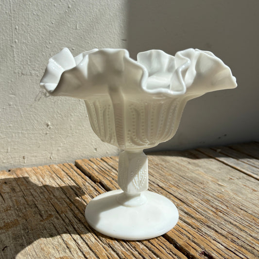 Footed Milk Glass Dish w/ Ruffle Detail