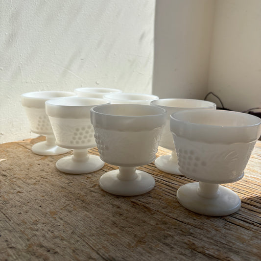 Short Grape Design Milk Glass Cup - Lot of 7
