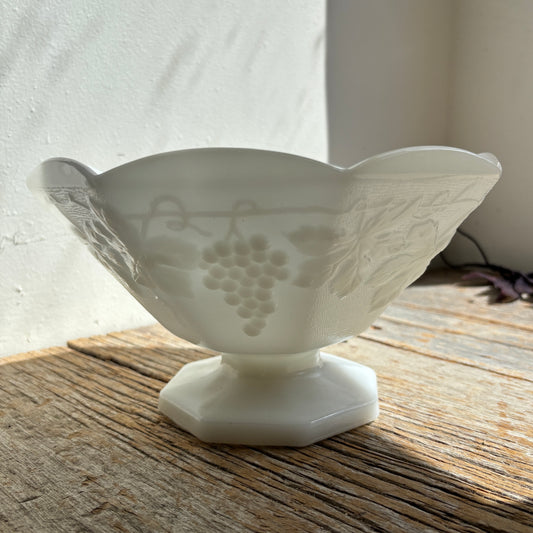 Wide Milk Glass Footed Vase - Grape Design