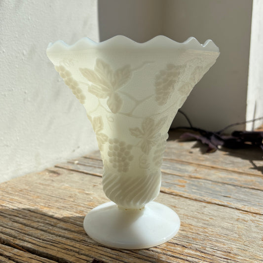 Pointed Edge Milk Glass Vase - Grape Design