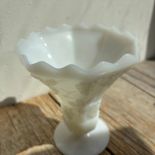 Pointed Edge Milk Glass Vase - Grape Design