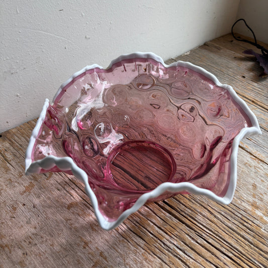 Vintage Handblown Glass Bowl - Pink w/White Rim