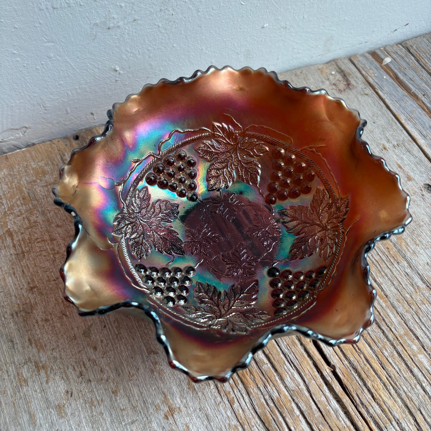 Antique Fenton Carnival Glass Footed Bowl - Grape & Cable Design
