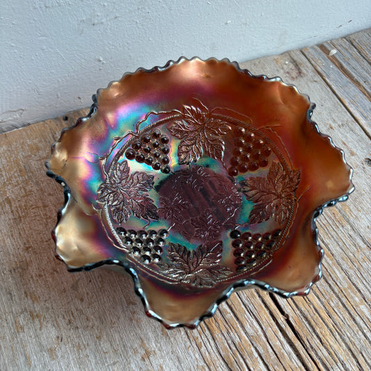 Antique Fenton Carnival Glass Footed Bowl - Grape & Cable Design