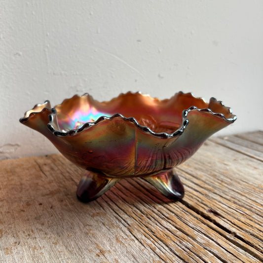 Antique Fenton Carnival Glass Footed Bowl - Grape & Cable Design