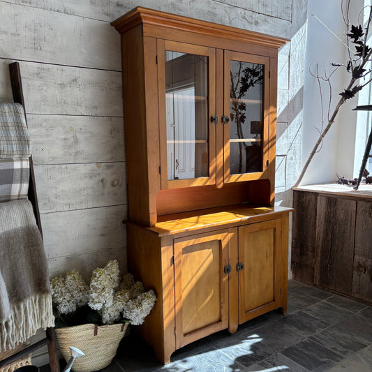 Vintage Two Piece Wood Stepback w/Glass Door Top