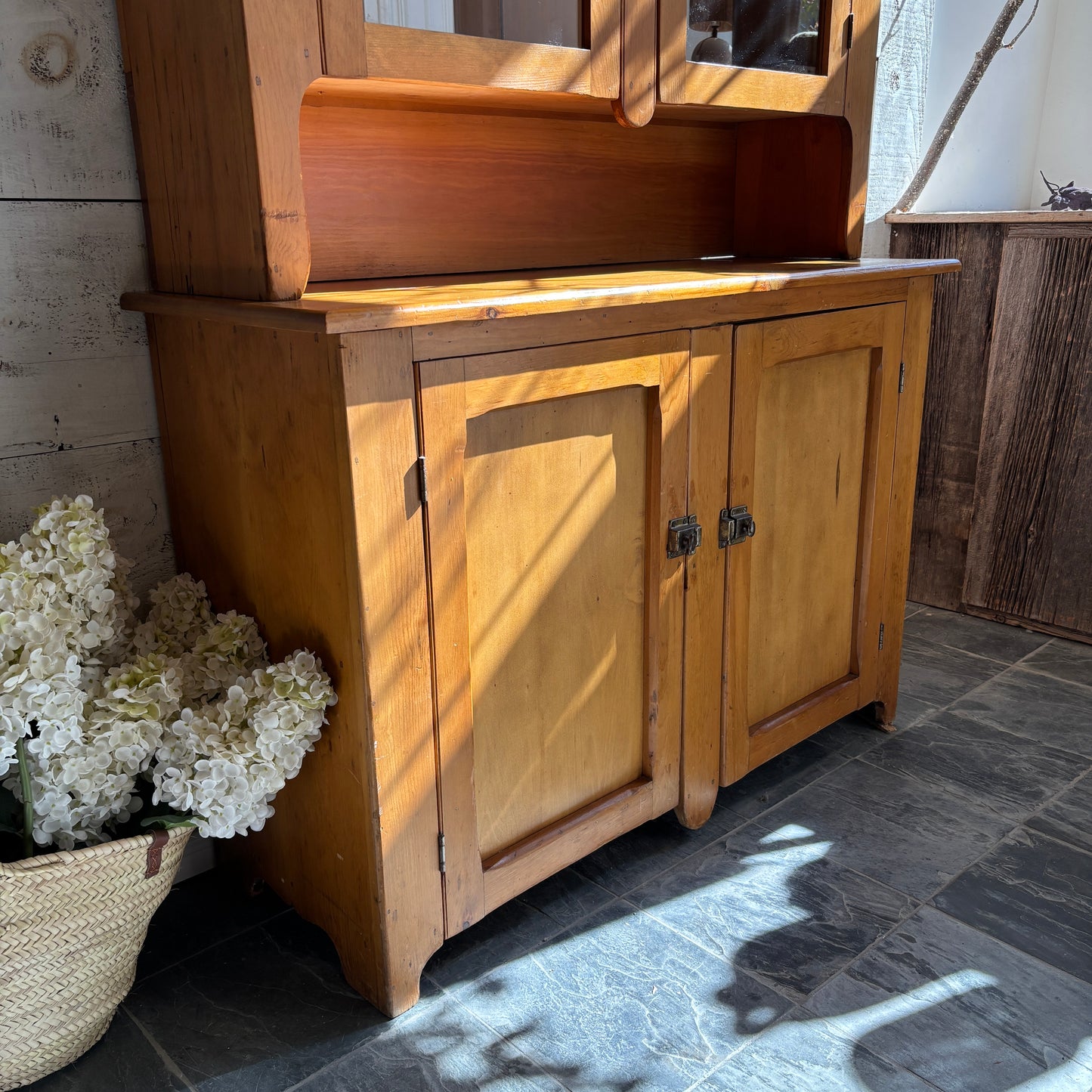 Vintage Two Piece Wood Stepback w/Glass Door Top