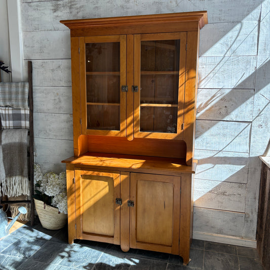 Vintage Two Piece Wood Stepback w/Glass Door Top