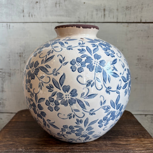 Terracotta Vase w/ Transferware Floral Pattern