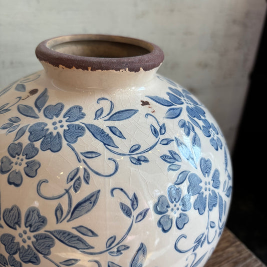 Terracotta Vase w/ Transferware Floral Pattern