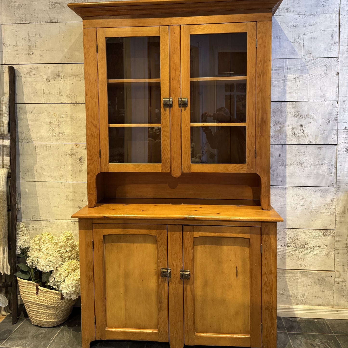 Vintage Two Piece Wood Stepback w/Glass Door Top