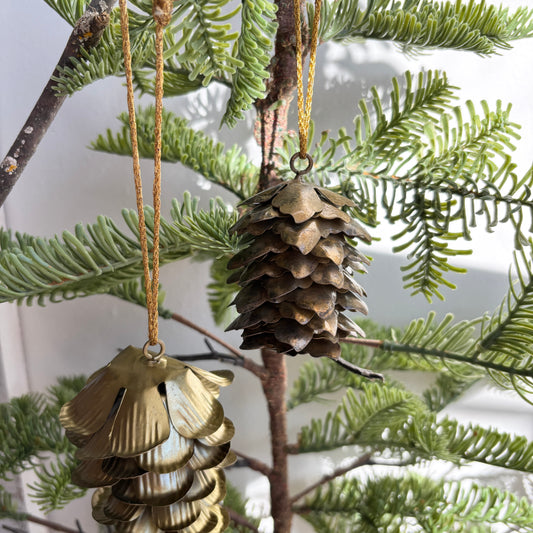 Distressed Gold Metal Pinecone Ornament