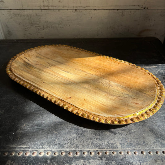 Hand-Carved Mango Wood Tray w/ Beaded Edge