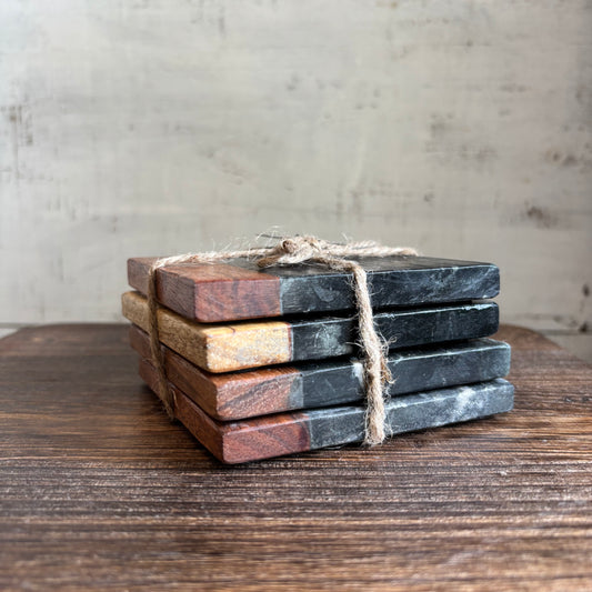 Black Marble & Wood Coasters - Set of 4