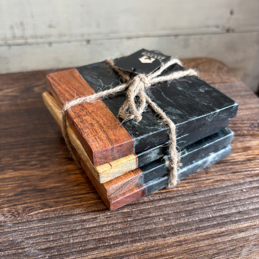 Black Marble & Wood Coasters - Set of 4
