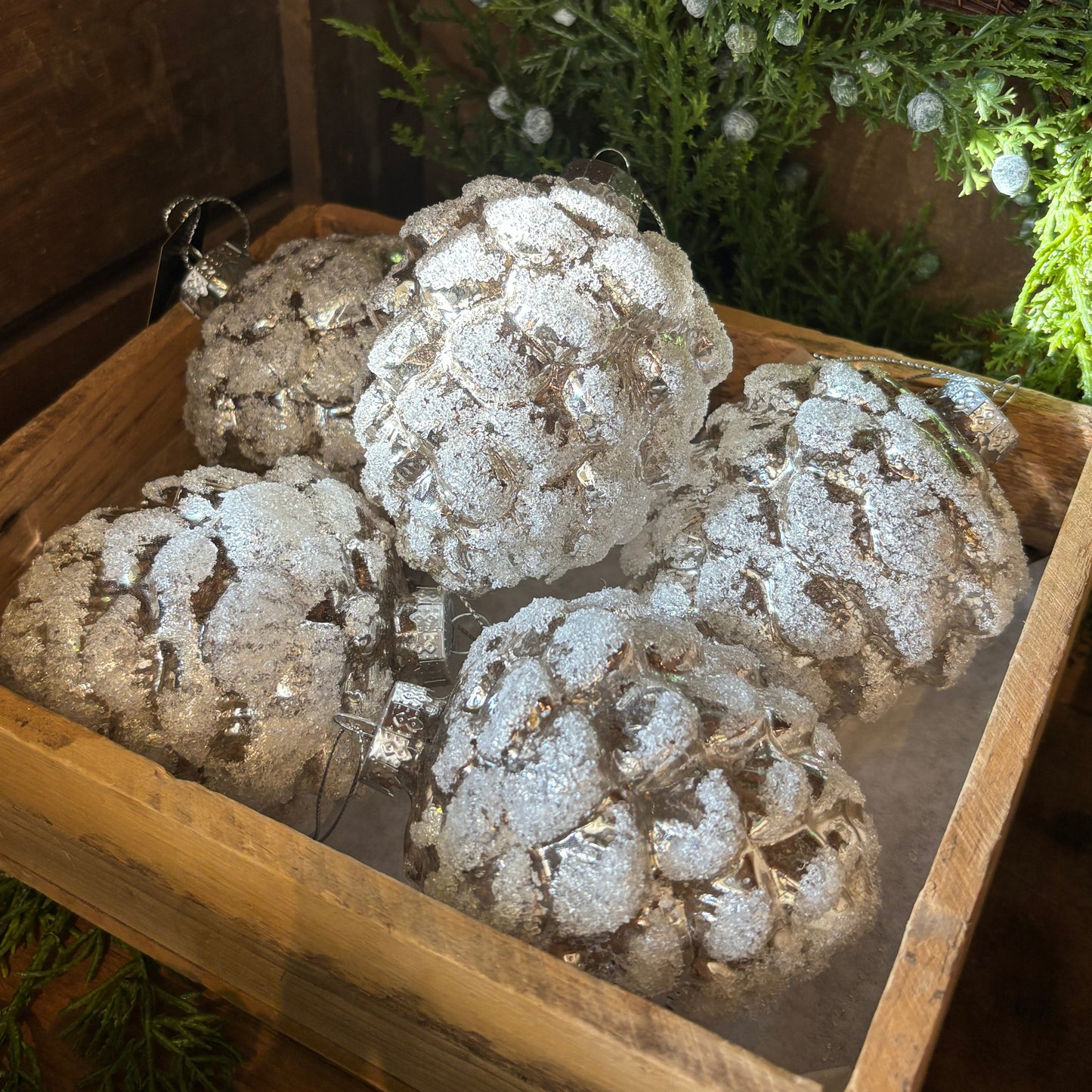 Glass Pinecone Ornament - White&Gold