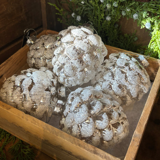 Glass Pinecone Ornament - White&Gold
