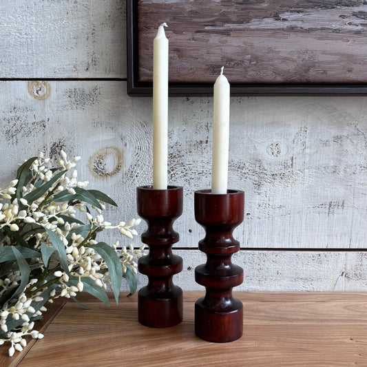 Vintage Dark Wood Candle Holders - Large (Set of 2)