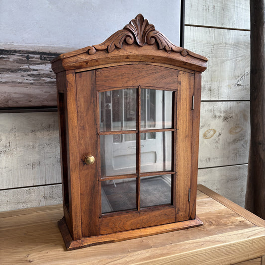 Vintage Wall Cabinet w/ Decorative Scroll Top & Glass Door