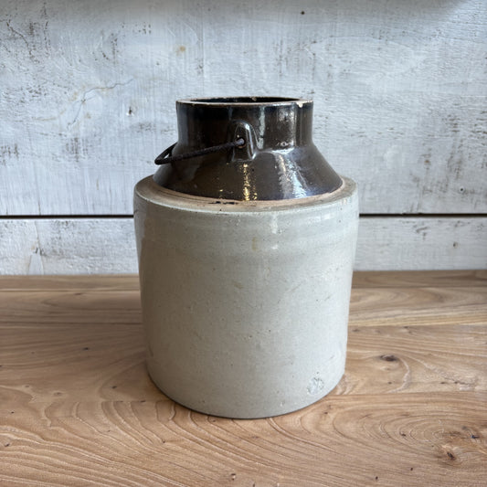 Vintage Open Crock w/ Metal Handle - Brown Top