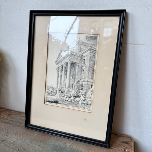 Vintage Ink Sketch of Building in Black Frame