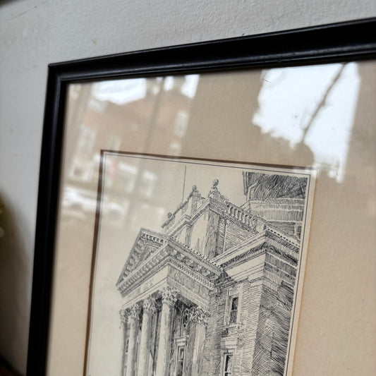 Vintage Ink Sketch of Building in Black Frame