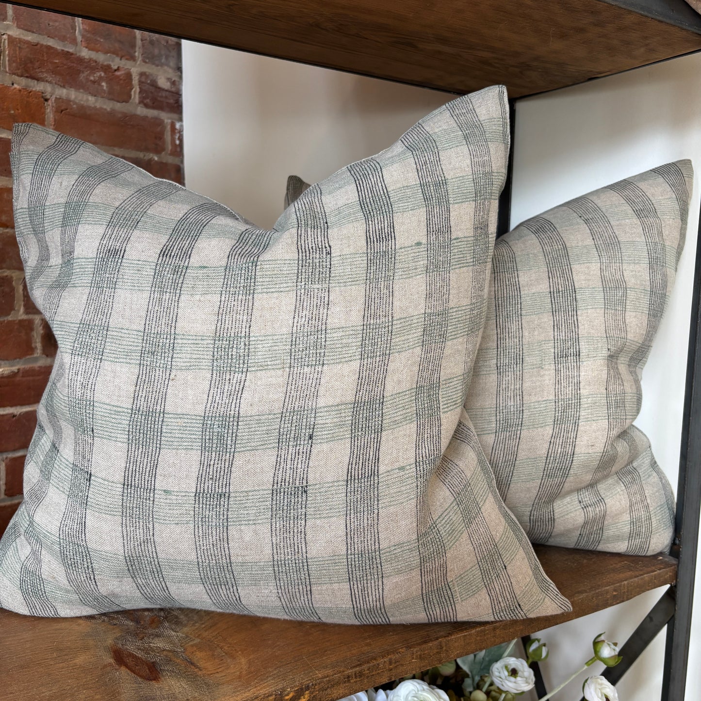 Blue Plaid Block Print Linen Pillow - 20x20