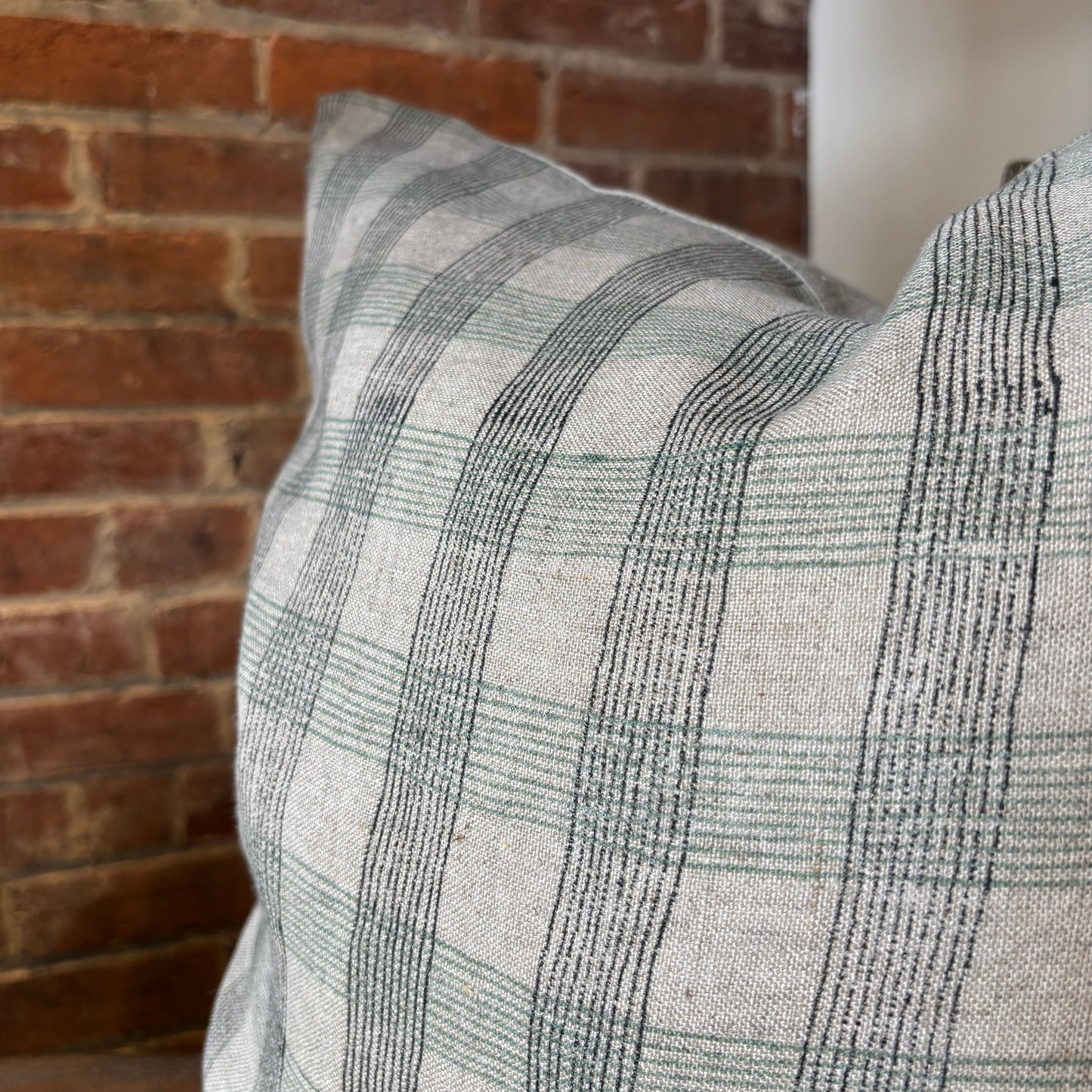 Blue Plaid Block Print Linen Pillow - 20x20