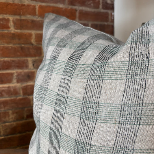 Blue Plaid Block Print Linen Pillow - 20x20