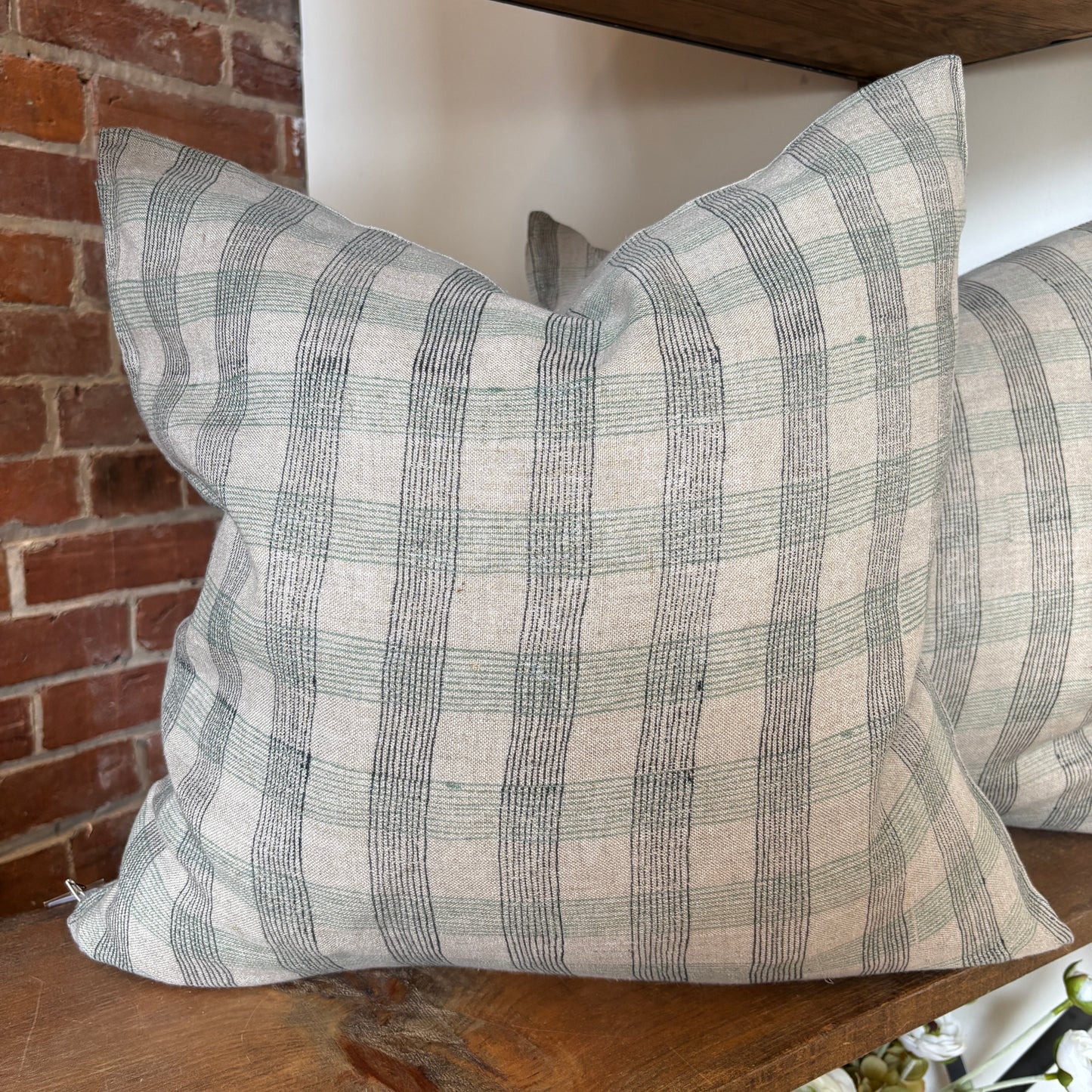 Blue Plaid Block Print Linen Pillow - 20x20