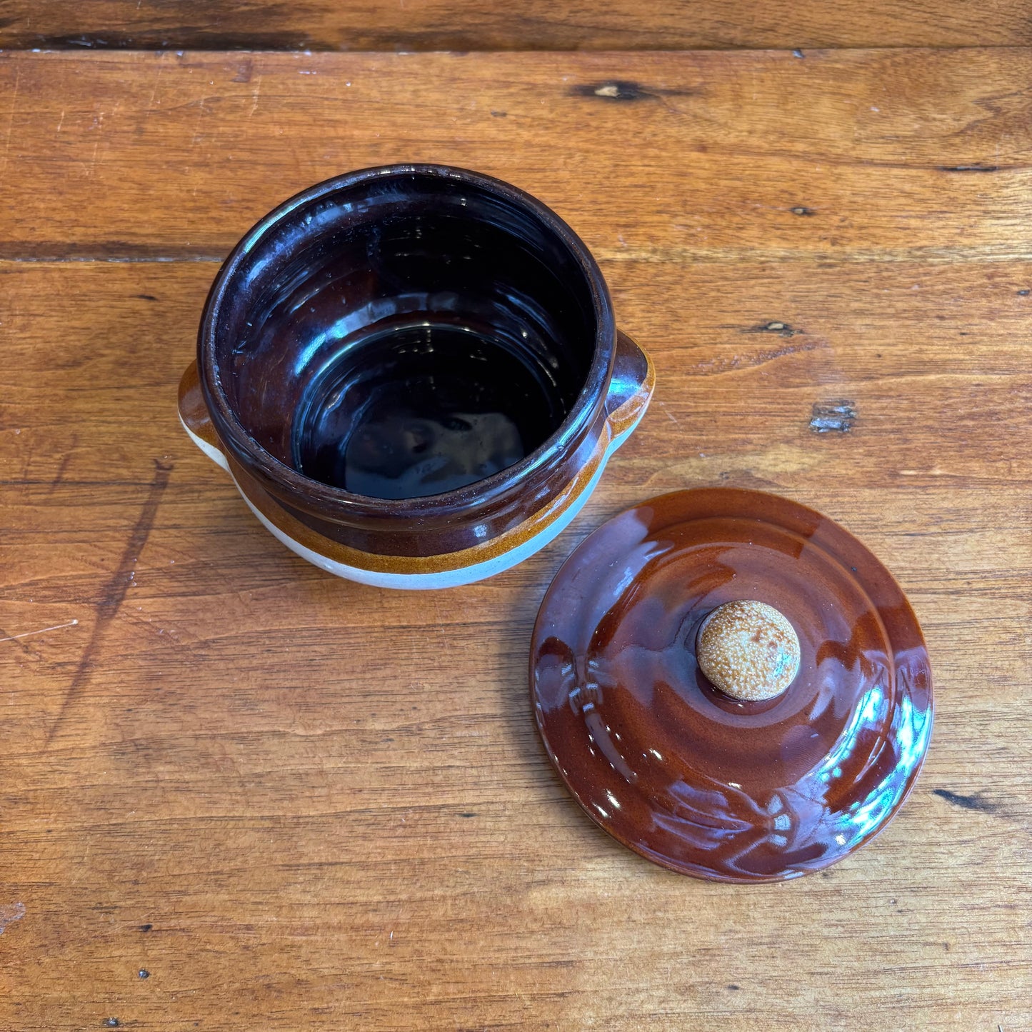 Vintage Small Ceramic Ovenware w/Lid - Brown + White