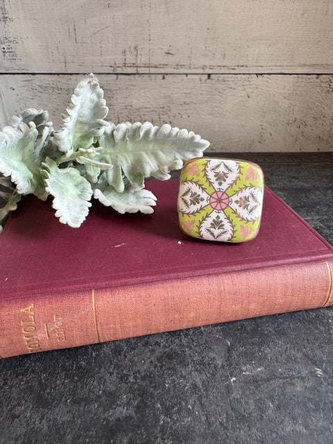 Knob: Ceramic Square Floral Design - Pink/Green/White