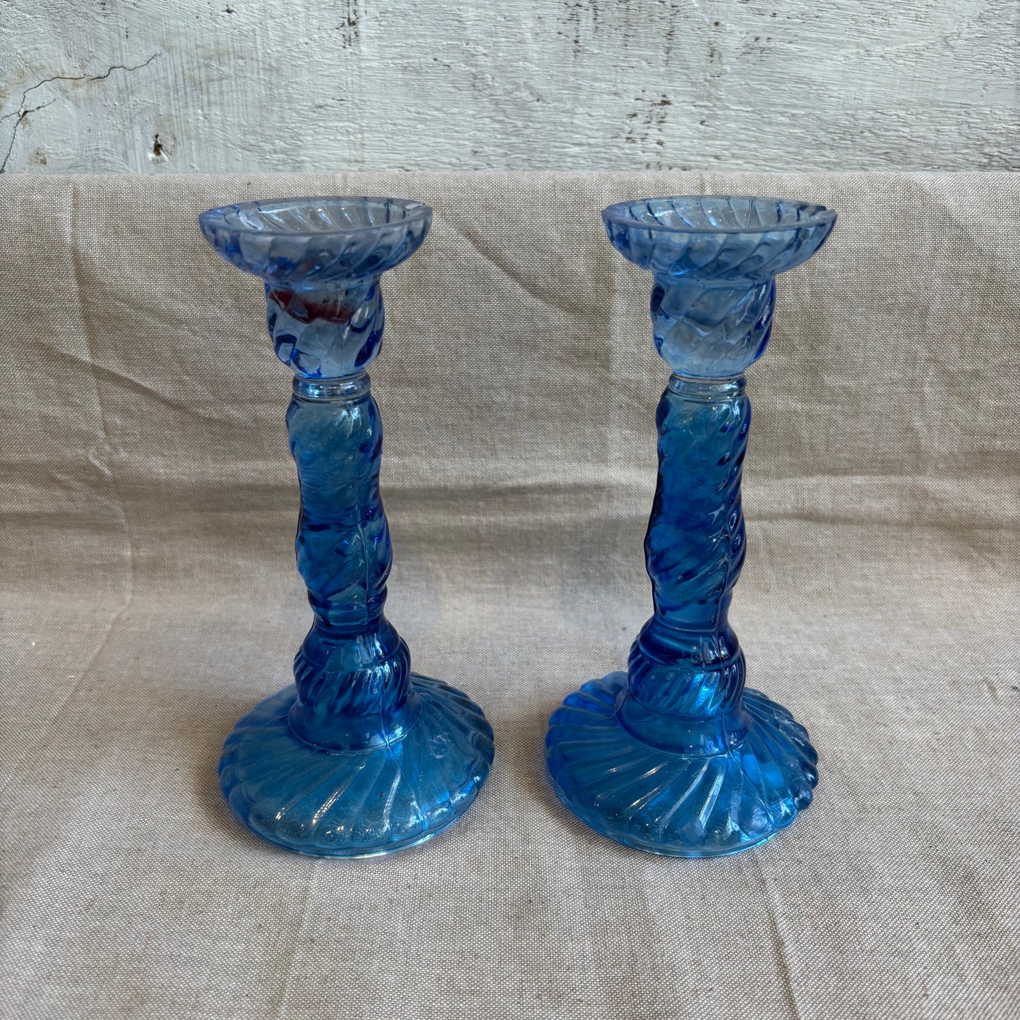 Vintage Blue Glass Candle Holders - Set of 2