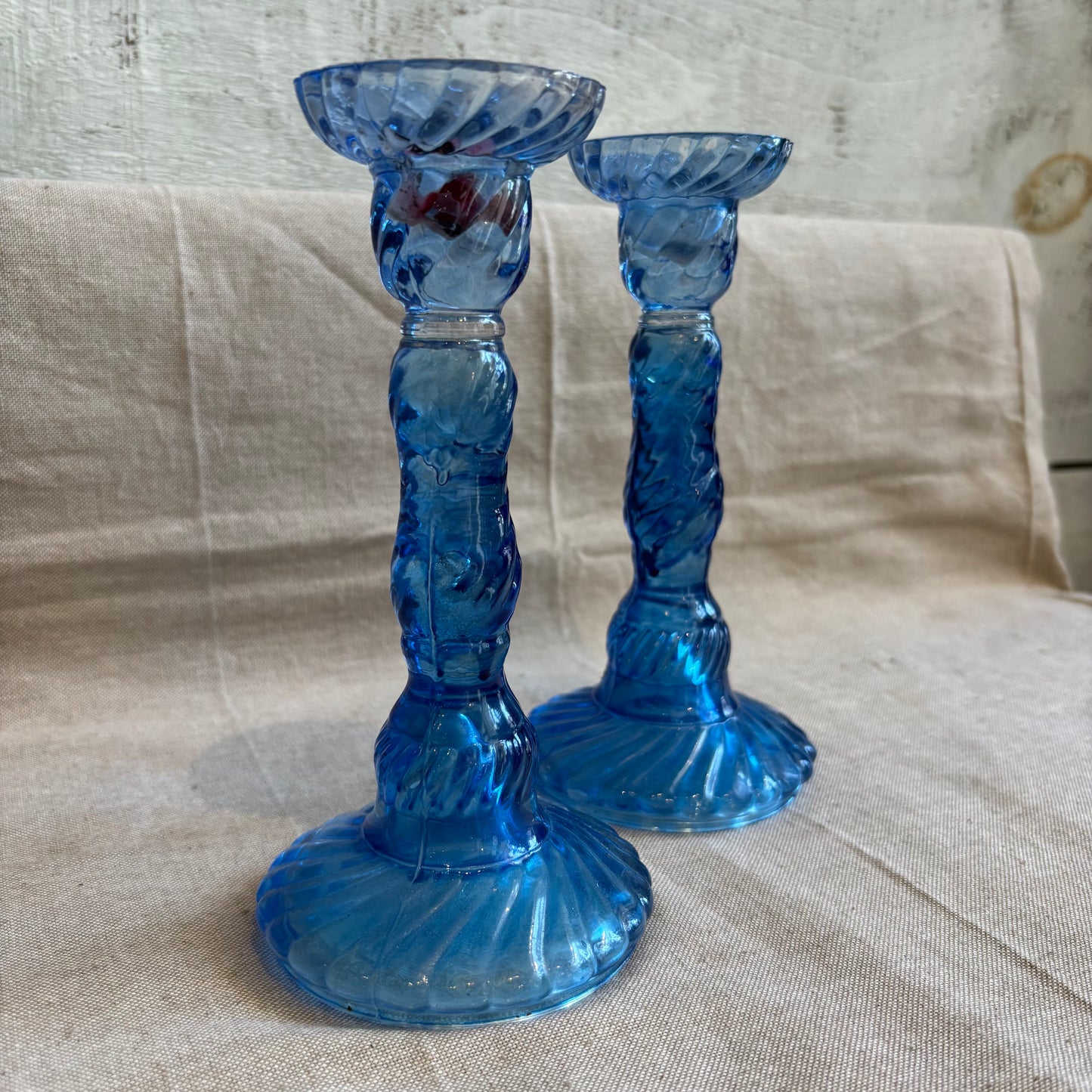 Vintage Blue Glass Candle Holders - Set of 2