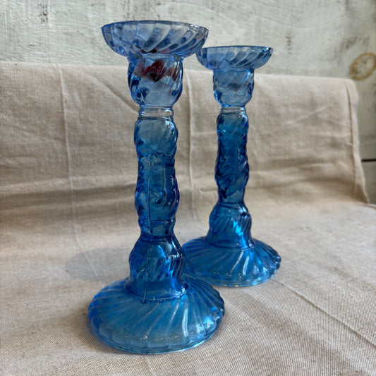 Vintage Blue Glass Candle Holders - Set of 2