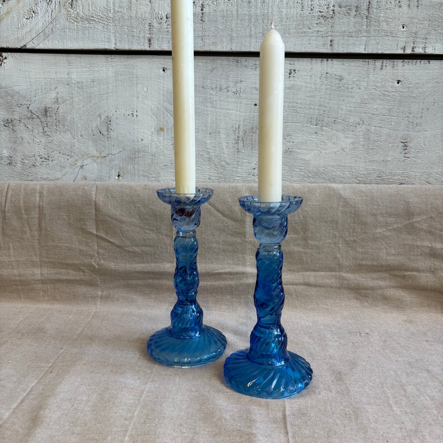Vintage Blue Glass Candle Holders - Set of 2