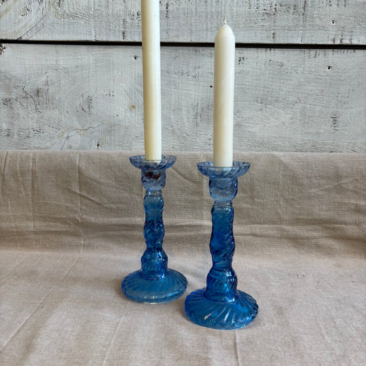 Vintage Blue Glass Candle Holders - Set of 2