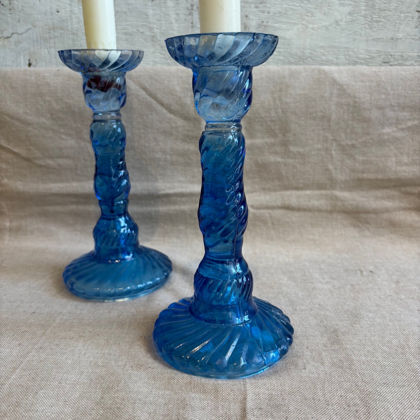 Vintage Blue Glass Candle Holders - Set of 2